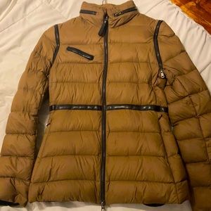 Mackage beige puffer-vest w/ real leather trimming, hood, cinched waist, pockets
